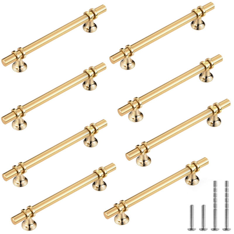 Lpraer 8 Pack Gold Cabinet Pulls, Aluminium Alloy Hardware - Modern Drawer Handles for Kitchen Cabinets, Bathroom Dressers & Wardrobe Doors (5"/128MM Hole Center, 7.24" Long) 5"/128MM Hole Center, 7.24" Long