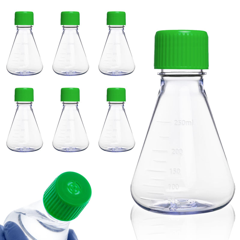 250ml Plastic Erlenmeyer Flask, 6Pcs 8oz Sterile Polycarbonate (PC) Conical Cell Culture Flask with Vent Cap for Lab Chemistry Science, Individually Wrapped, Graduated, 0.22 μm PTFE, Flat Bottom 250mL 6