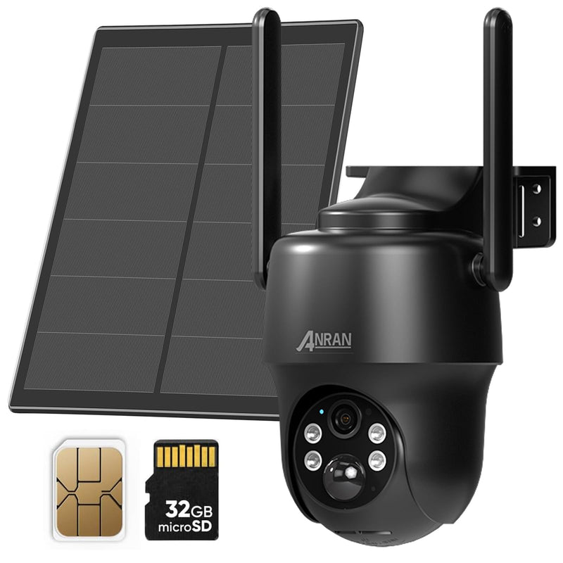 ANRAN 4G LTE Cellular Solar Security Camera Wireless Outdoor,No WiFi 2K Solar Powered Camera,Color Night Vision,360° Live View, PIR Motion Sensor,2 Way Talk,Black (SIM Card & 32GB SD Card Included) Black