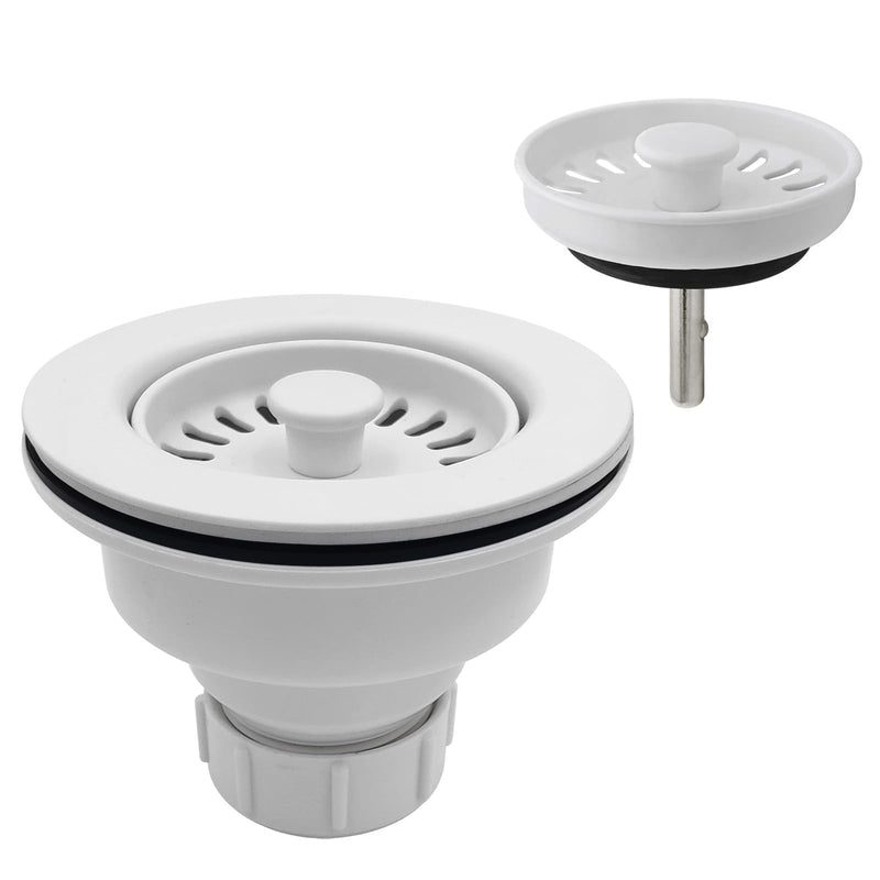 3-1/2 Inch Polymer White Sink Drain Assembly with Basket Strainer and Stopper for Quartz, Granite or Fireclay Kitchen Sinks, with 2 Removable Basket Strainers White-2 Strainers