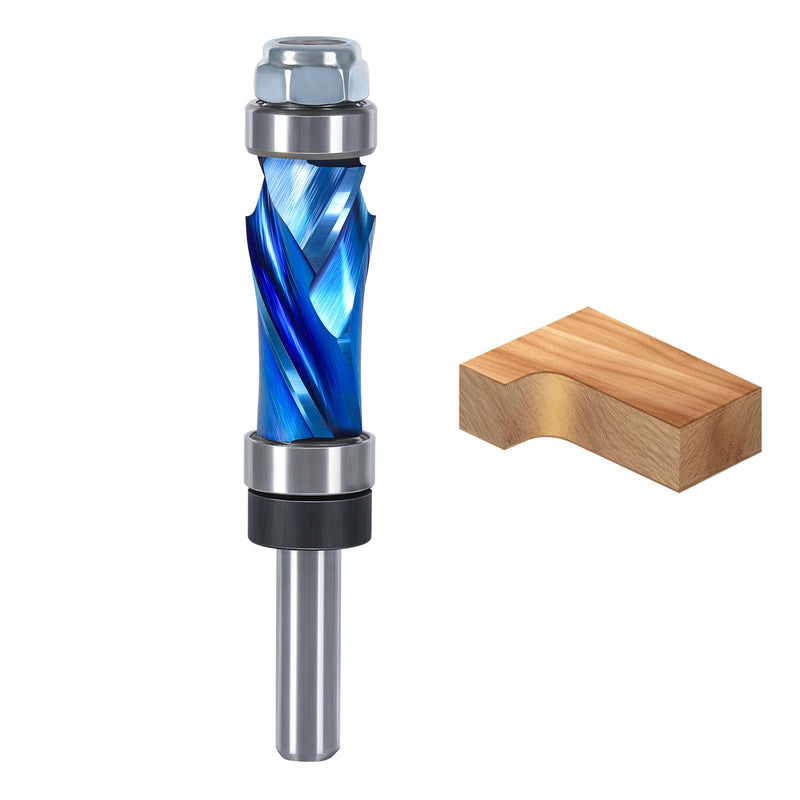 Compression Flush Trim Router Bit with Top & Bottom Bearing, 1/4” Shank, 1/2“ Cutting Dia Pattern Template Flush Cut Solid Carbide Router Bit for Woodworking Trimming Top+Bottom Bearing