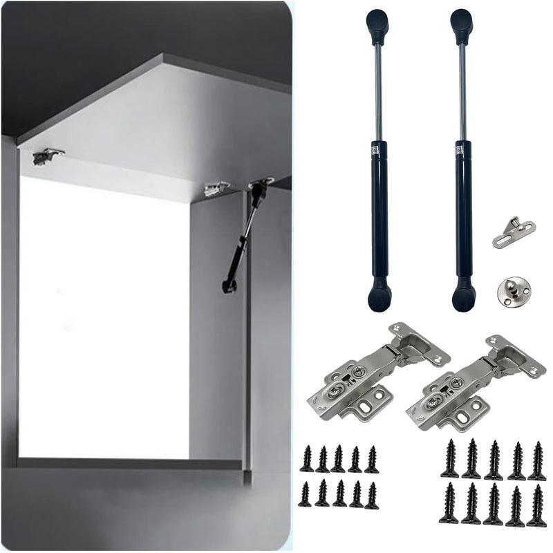 120N Black Cold-Rolled Steel Hydraulic Support Rod, Suitable for Upward-Opening Cabinet Doors — Includes 2 Cabinet Door Hinges (Including 2 Pneumatic Support rods + 2 Hinges)