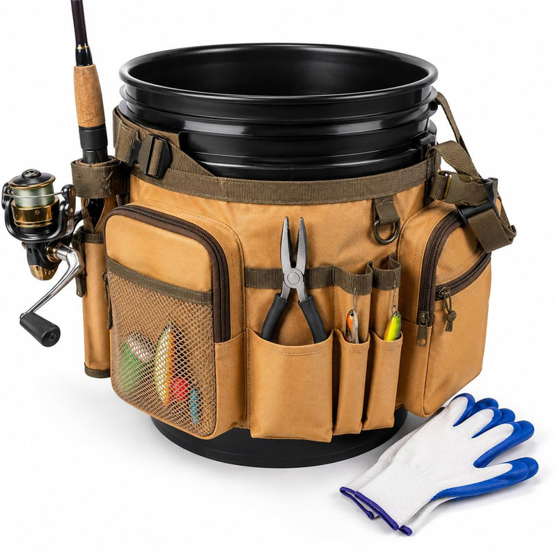 Katai Fishing Bucket Organizer for 5-Gallon Bucket – Heavy-Duty Water-Resistant Tackle Bag with Rod & Pliers Holders – Adjustable Straps & Multi-Pocket Design