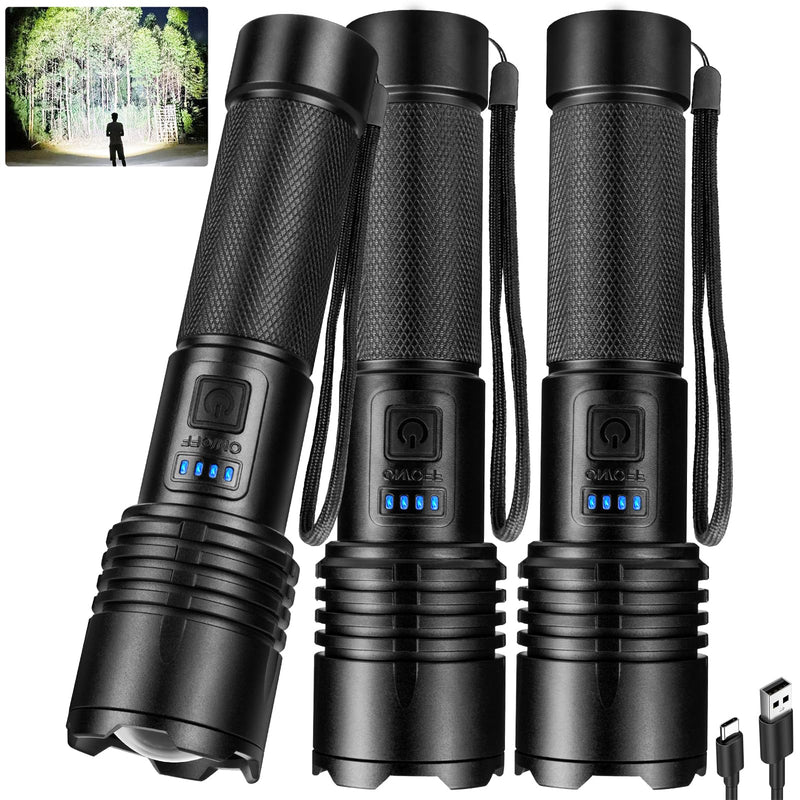 Rechargeable Led Flashlights High Lumens 3Pack, 99000 Lumen Super Bright Flash Light with 3 Modes & Adjustable 2 Beam, Brightest Waterproof Flashlight 15H Long Runtime for Hiking Camping Medium