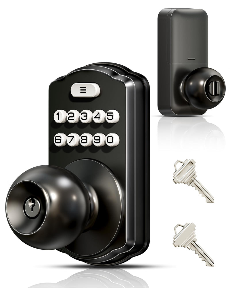 Veise Keypad Door Knob Lock, Keyless Entry Digital Lock with Handle, Electronic Knob for Front Door & Bedroom, Easy Installation, Auto-Locking, Passage Mode, Matte Black