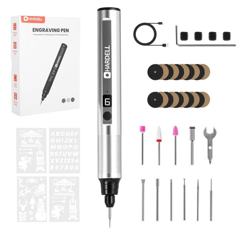 HARDELL Engraving Pen, 6 Speed, Rechargeable Engraver Pen for Artists & DIYers, Electric Engraving Tool with 41 Accessories, Engrave 60+ Surfaces, Engraving Pen for Metal, Wood, Glass and Plastic Silver