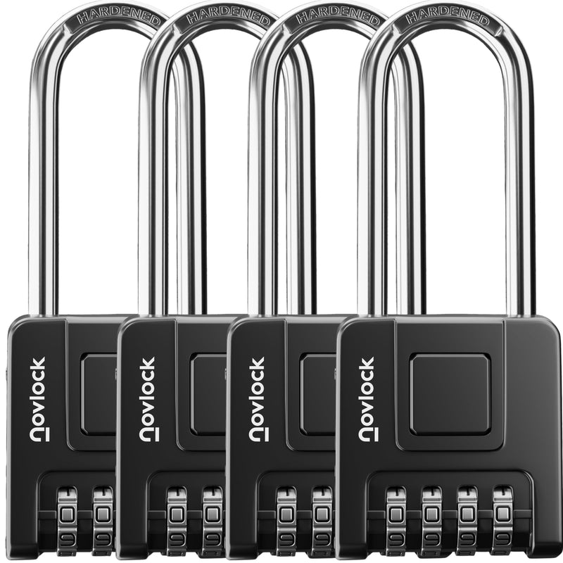 2.76 in Long Shackle Combination Locks for Outdoor & Indoor | Heavy Duty, Weatherproof, 4-Digit Security | Padlocks for Gates, Fences, Sheds, Lockers, Storage | 4-Pack, Black