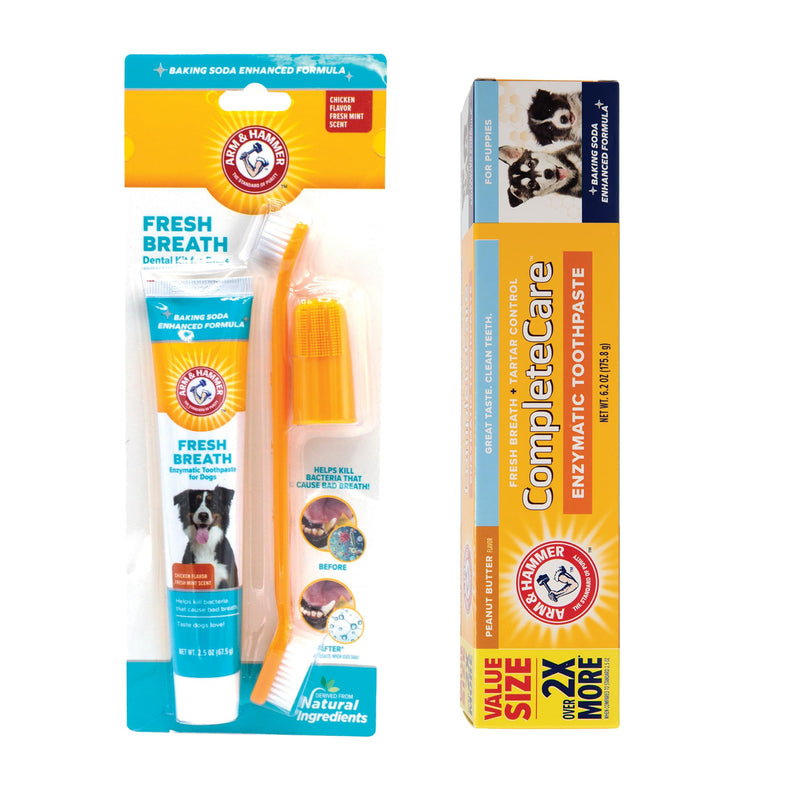Arm & Hammer Dog Dental Care Bundle | Enzymatic Dog Toothpaste Kit with Toothbrushes (Chicken, 2.5 oz) & Baking Soda Toothpaste (Peanut Butter, 6.2 oz) for Fresh Breath and Oral Health
