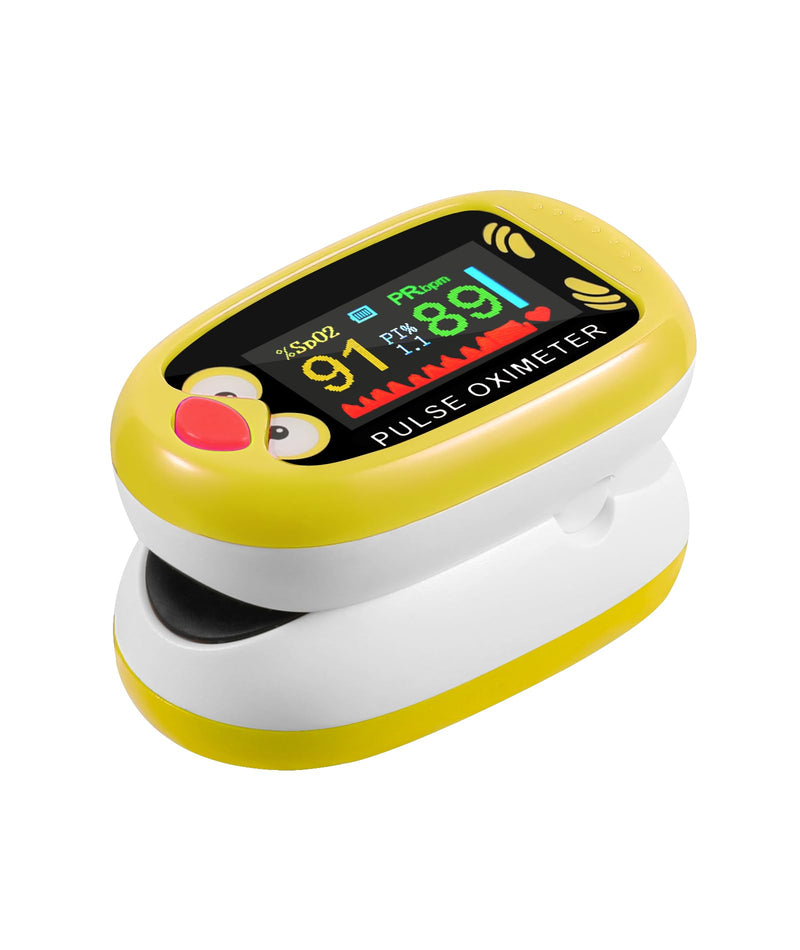 Pediatric Pulse Oximeter, Rechargeable Oximeter for Kids, Baby Oxygen Monitor, Blood Oxygen Saturation, Pulse Rate Monitor, Cute Cartoon Design, USB-C Charging (Yellow)