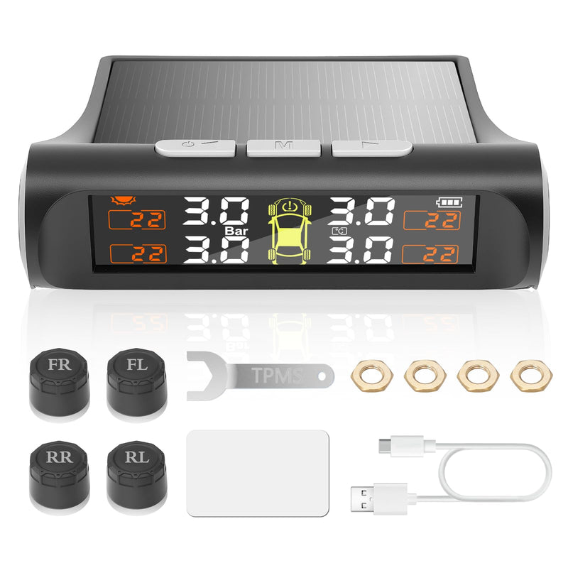 Tire Pressure Monitoring System with Solar Charge,TPMS Tire Pressure Monitor System with 4 External sensors & 5 Alarm Modes, Real Time Monitoring Pressure & Temperature,Suitable for 4 Wheeled Vehicles