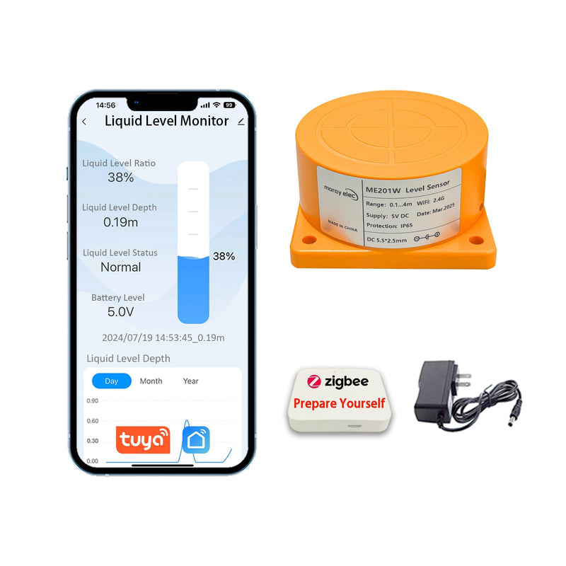 Moray Smart Zigbee Water Level Sensor Water Tank Level Monitor Oil Tank Gauge Sensor , Automatic Alarm Indicator for Tuya Smart Life Mobile APP Smart Home Remote IP65 Waterproof (ME201WZ)