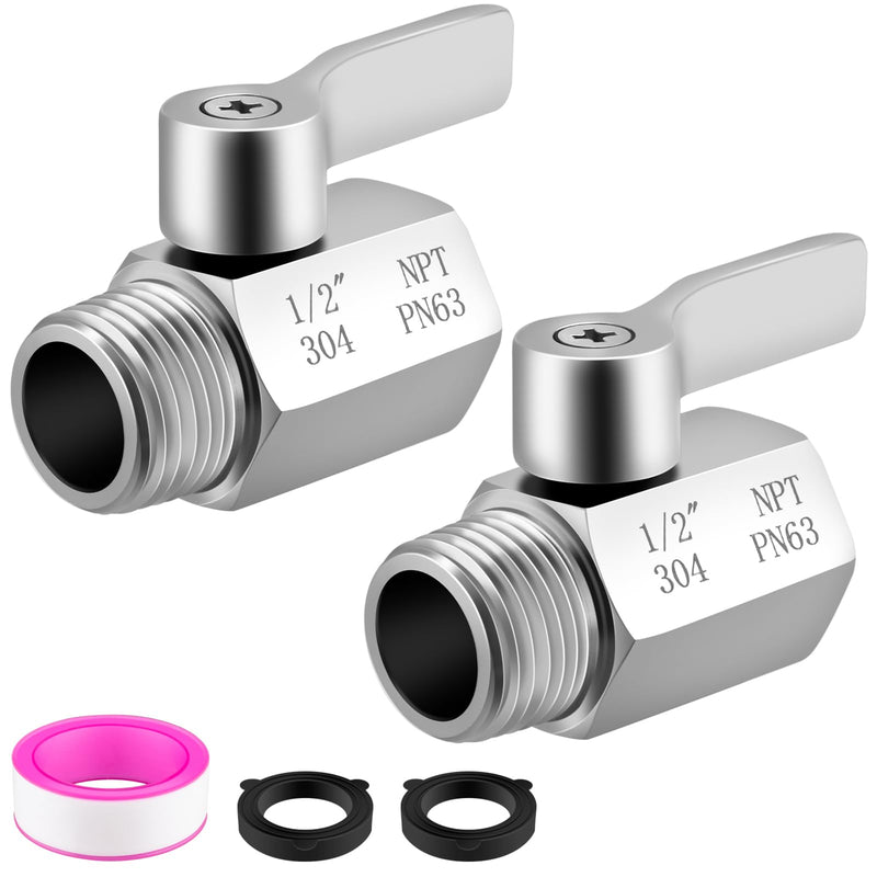 [2 Pack] Shower Head Shut Off Valve 304 Stainless Steel Mini Ball Valve(1/2" Female X Male) NPT Thread Water Flow Control，RV Shower Head with Hose Flow Restrictor 2 packs-1/2inch
