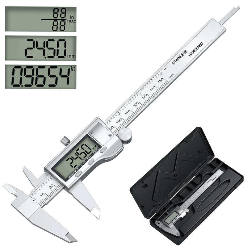 Digital Calipers, Caliper Measuring Tool with Large LCD Screen, Stainless Steel Micrometer Caliper Digital, Auto-Off Feature, Screen Splash Proof, Switch from Inch Metric Fraction (6Inch/150mm) Silver