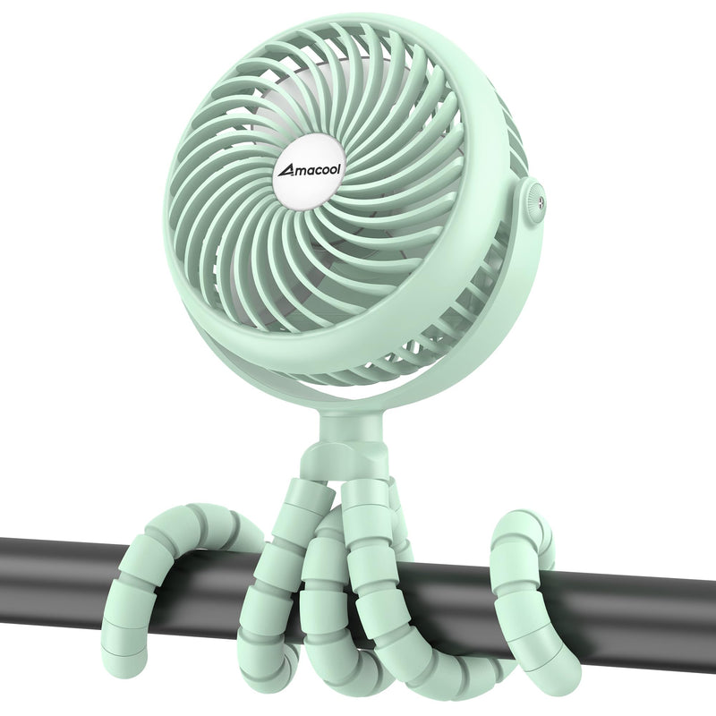 AMACOOL Baby Stroller Fan - 5000mAh Rechargeable, 3-Speed, Strong Yet Quiet, 360°Rotate Portable Clip on Fan for Travel, Car Seat, Crib, Bike, Treadmill, Beach Vacation Essentials Green