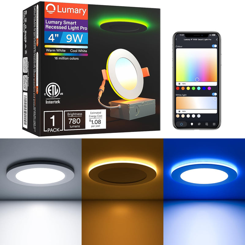 Lumary Smart Recessed Lighting Pro 4 Inch with RGB/Night Ring, 780LM 1Pack | Supports Lumary Dimmer Switch, BT Remote Control, Work with Alexa & Google Assistant, ETL, for Living Room, Bedroom, Kitchen White 4Inch 1 Pack