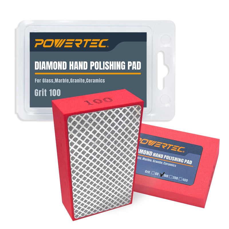 POWERTEC Diamond Hand Polishing Pads 100 Grits 2Pack, Diamond Sanding Block for Polishing and Grinding Porcelain, Ceramic Tile, Glass, Granite, Stone, Wood & Metal (71905-P2) 100 Grit 2 Pack