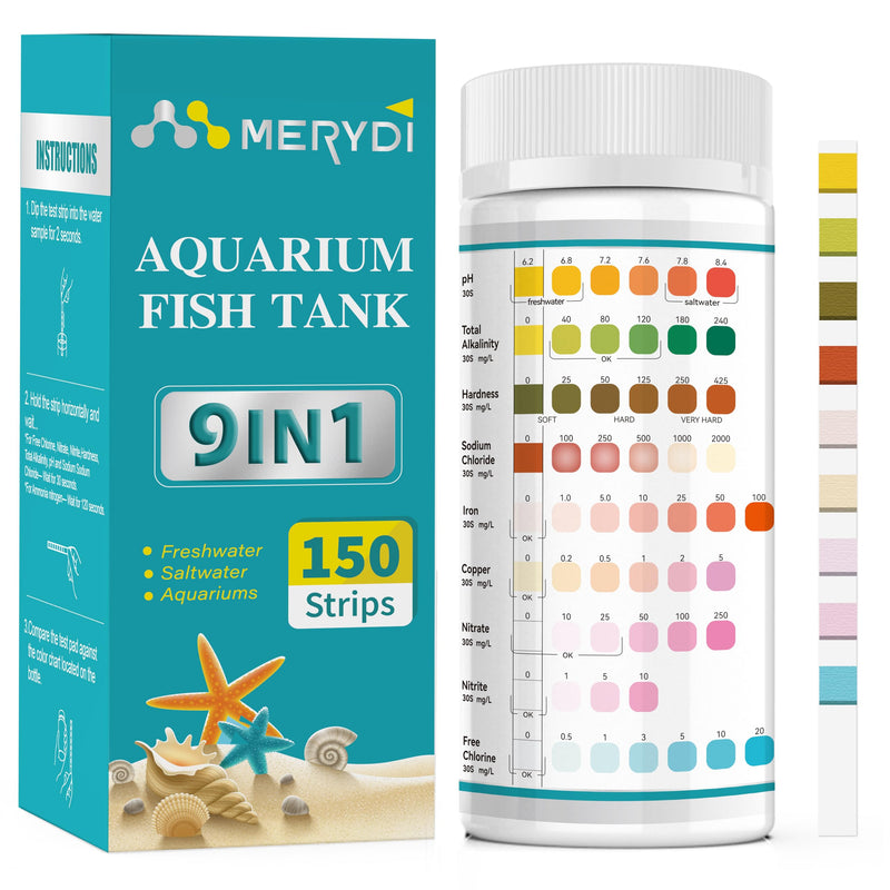 Aquarium Test Strips, 9 in 1 Fish Tank Test Kit for Freshwater Ponds, 150 ct Quick & Accurate Water Testing Iron Copper Sodium Chlorine Nitrate Nitrite Total Alkalinity Hardness Free Chlorine pH 9 IN 1 aquarium test strips
