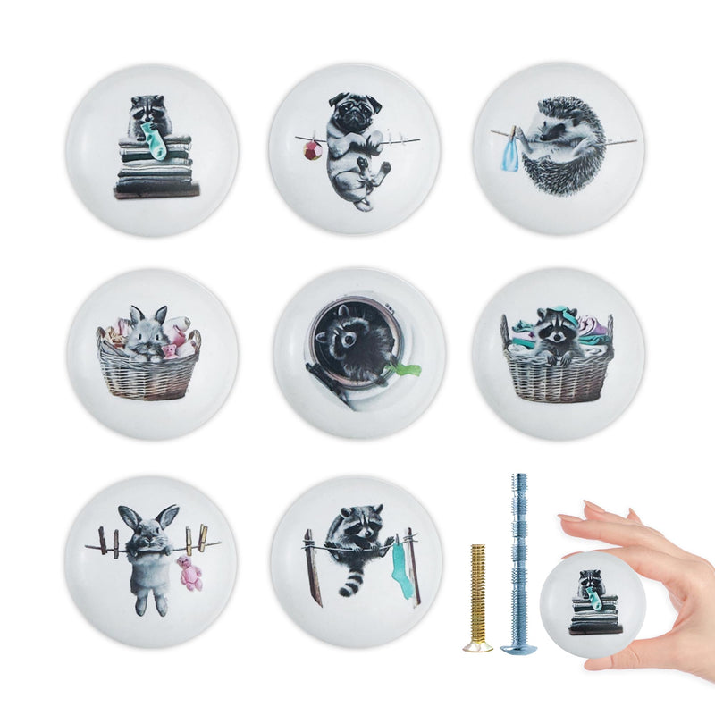 1.5" 8 PCS Ceramic Laundry Room Animal Knobs Cute Fun Rabbit Laundry Basket Raccoon Hedgehog Decor Cabinet Dresser Drawer Knobs and Pulls