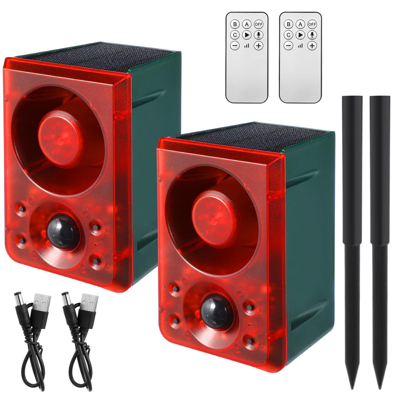 Qualirey 2 Pcs Solar Outdoor Motion Sensor Alarm with Stake Gunshot Sound Dog Barking, 3 Modes Support Recording and Adjustable Volume USB Charging 129 dB Loud Noise Maker for Animal Deterrent