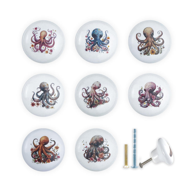 JamJam 1.5" 8PCS Octopus with Flower Cute Unique Under The Sea Ocean Animal Door Kitchen Cabinet Knob Ceramic Dresser Drawer Knobs and Pulls