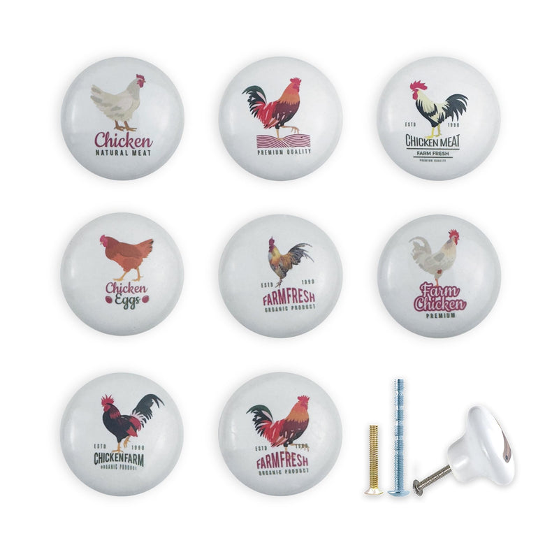 JamJam 1.5" Set of 8 Farmhouse Rustic Cabinet Door Ceramic Knobs Chicken Farm Animal Kitchen Dresser Drawer Pulls and Knobs