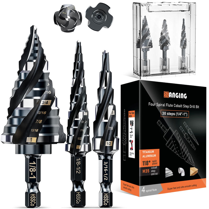 Four Spiral Flute Step Drill Bit for Metal,M35 Cobalt Unibit Step Drill Bit Set 1/4"-1" (30 pcs),Wear-Resistant AlTiN Coated,1/4" Hex Shank for Metal, Stainless Steel, Aluminum, Plastic