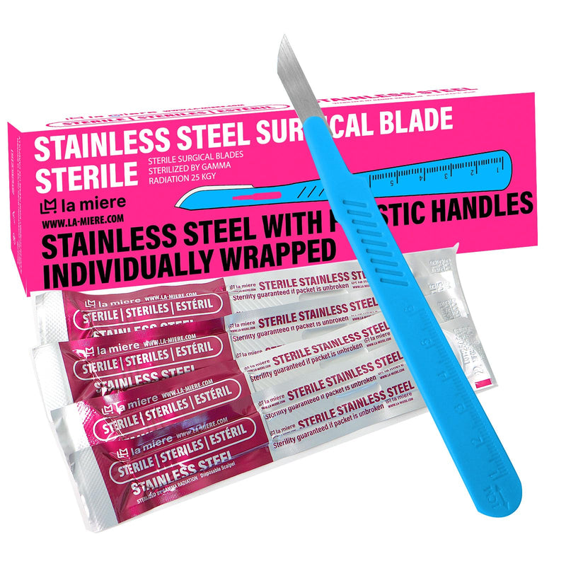 LA MIERE 10-Pack Disposable Surgical Scalpel (#22) Knives, Sterile Stainless Steel Blades, Plastic Handles, Individually Foil Wrapped #22