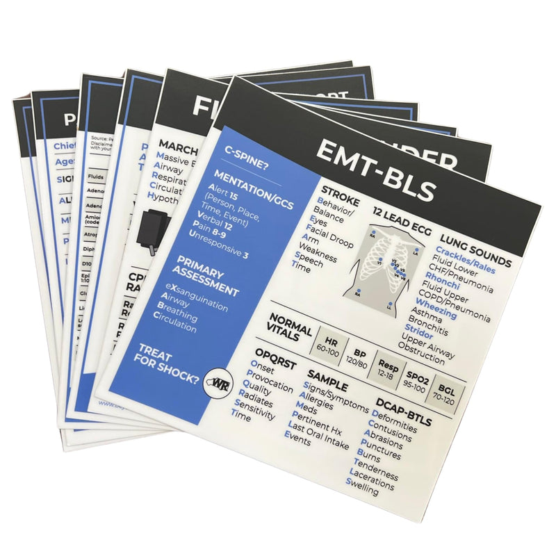 EMT-BLS Medical Reference Stickers (5 Stickers) - First Responder, BLS/EMT + Pediatrics Assessment, Notes + Patient Report - Study Material + Notes - 6x6-inches BLS/EMT Medical Reference Stickers