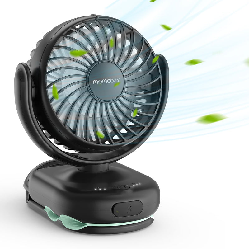 Momcozy Portable Stroller Fan with Clip | 4-Speed Mini-Fan for Carrier | Personal Fans Ultra Light 0.26lb | Gaps ≤4.5mm | Handheld Cooling | Rechargeable Rotate for Diaper Backpack/Table/Chair Black