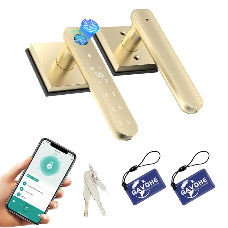 Gold Fingerprint Door Lock Smart Finger Print Door Knob Keyless Bedroom Door Lock with Keypad App Control Easy Installation for Home Bedroom Office,2 Fob Cards 2 Fob Cards Gold Fingerprint Door Knob