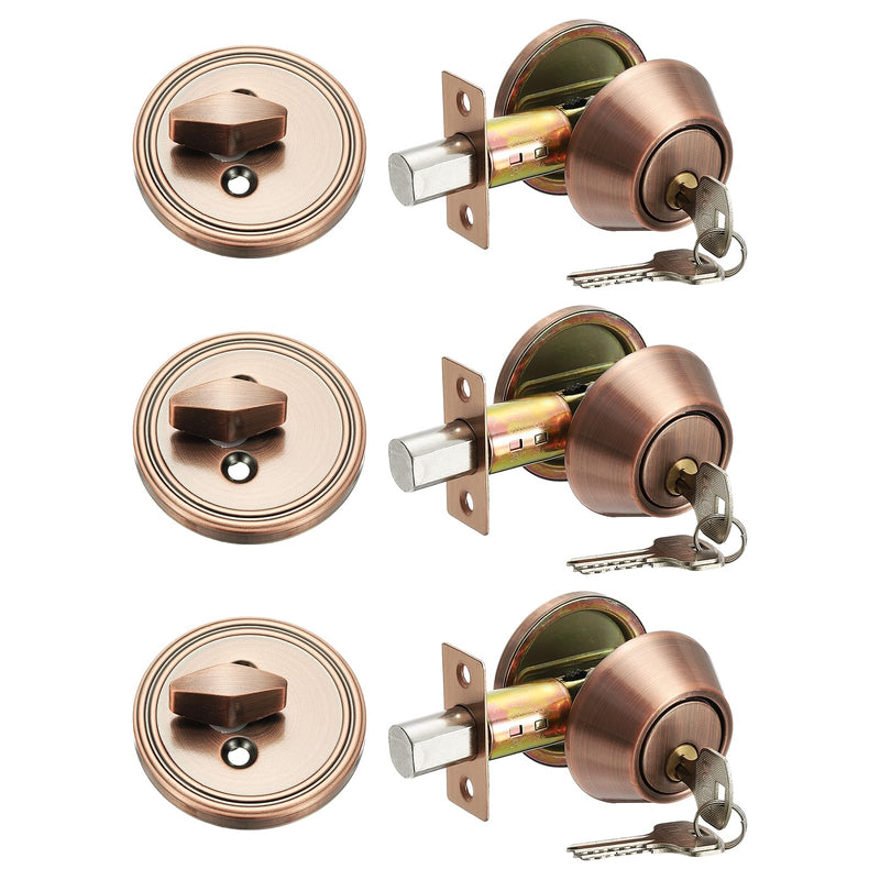 MECCANIXITY Keyed Alike Single Cylinder Deadbolt Door Lock Round Entry Front Door Handle Sets for Door Thickness 1.2-2 Inch (Red Bronze, Pack of 3) Red Bronze