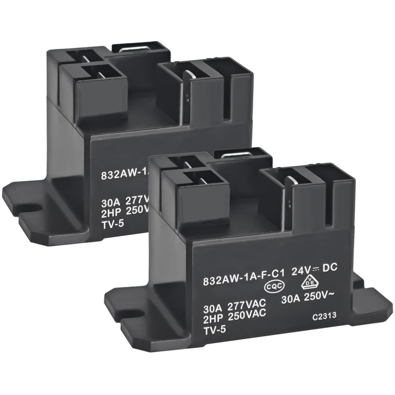 Relay 832AW-1A-F-C1 24VDC (Pack of 2) - 30A Heavy Duty Power Relay - 250VAC SPDT Quick Connect for HVAC & Home Appliances