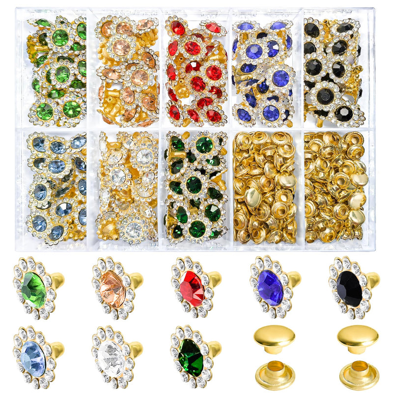 160 Sets Colorful Rhinestone Rivets 11mm Flower Rhinestone Stud Leather Rivets for DIY Bags, Belts, Jackets, Leather Art and Crafts