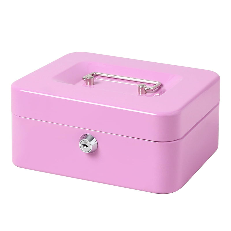 Jssmst Cash Box with Key Lock - Durable Metal Cash Box with Money Tray, Light Purple, Medium