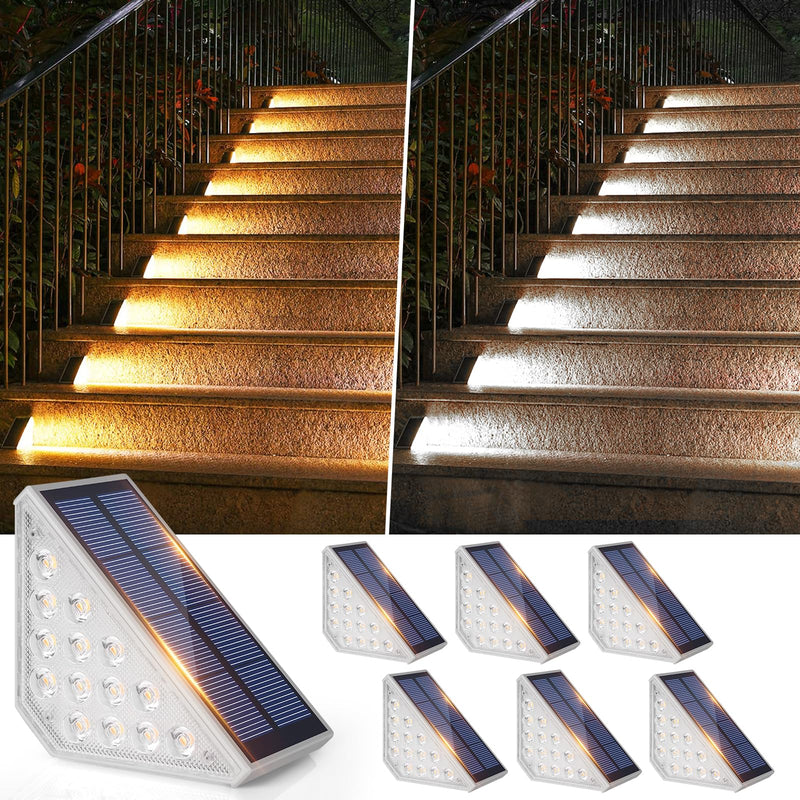 6 Pack Solar Stair Lights for Outside, Upgraded 2-in-1 Solar Powered Step Lights Waterproof IP67, Warm White/Cool White, Auto On/Off Outdoor Light for Deck Patio Front Porch Garden Walkway Yard 6-Pack