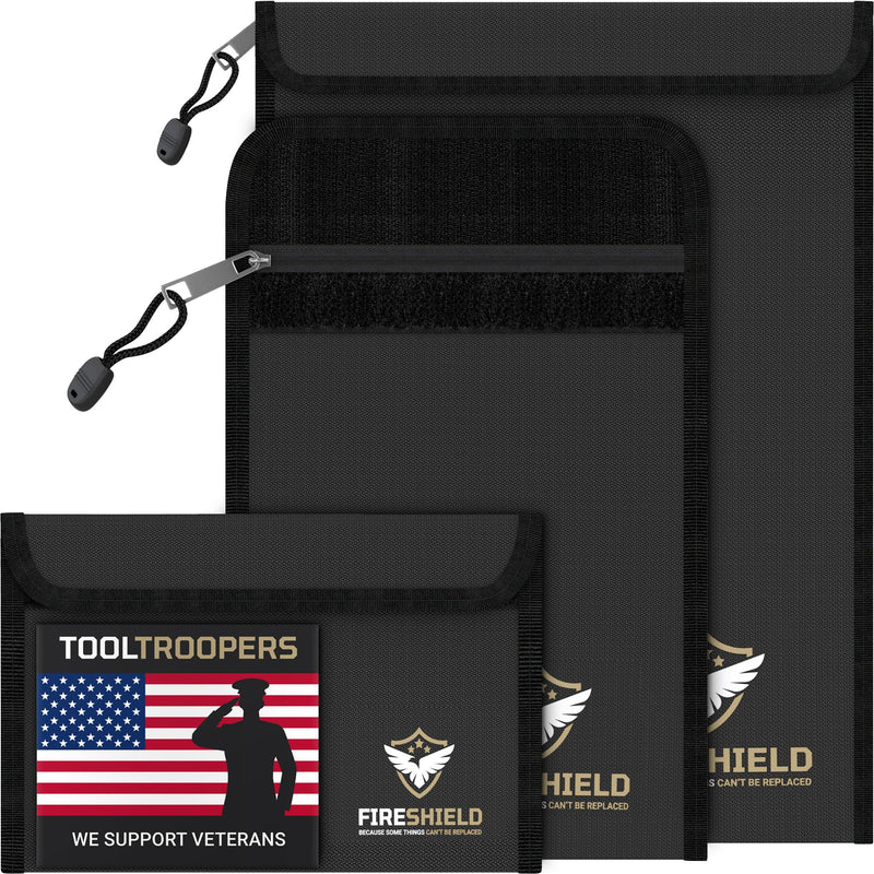 FIRESHIELD PRO Upgraded 2000°F Fireproof Document Bag 3-Pack – Fire & Water Resistant Money Pouch for Cash – Safe Storage for Family Photos, Jewelry, Passport & Important Documents – Size: S, M & L Small, Medium, Large