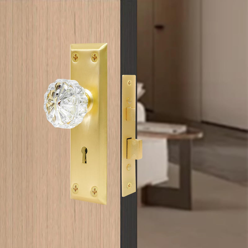 Mortise Lock Set with Crystal Glass Door Knobs for Interior Door Mortise Keyed Lock Replacement for Old Broken Door Knobs (Gold) Gold