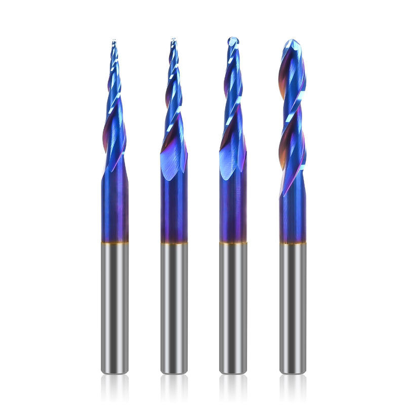 LUNYEE 4PCS Ball Nose Set Spiral Router Bits 1/4" Shank, 1/4" 1/8" 1/16" 1/32" Cutting Diameter, 3" Over Length End Mill Spiral Router Bit with NACO-Blue Coating for 2D&3D Carving Engraving
