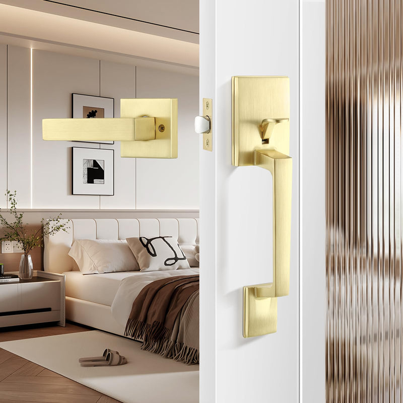 Leydebong Brushed Brass No Lock Front Door Handle Set with Reversible Lever - Exterior Door Handle Set for Right or Left Handed Doors, Front Door Handle Satin Brass