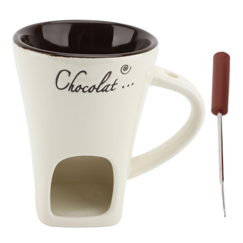Chocolate Fondue Mug, Premium Ceramic Tealight Candle Heated Melting Cup with Fork for Dessert Parties Romantic Dinners Family Gatherings White 4.7 Inches