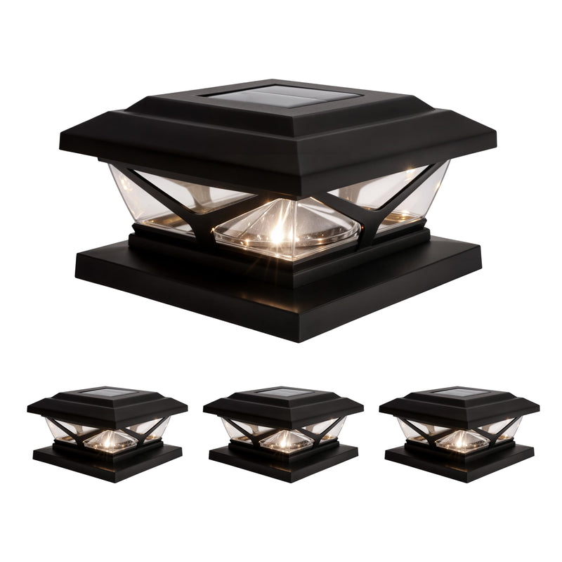Home Zone Security 4-Pack Crown Style Solar Powered Post Cap Light with LiFePO4 Battery, Dusk to Dawn, 3000K 5000K LED Adjustable Temperature, Fits up to 5.5"x5.5" Post, Black