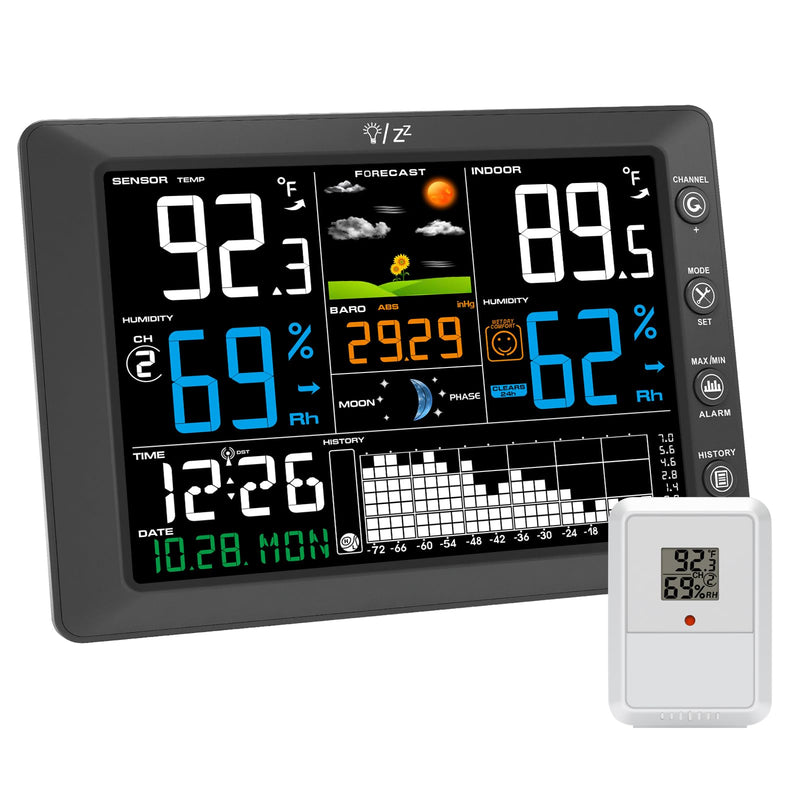 Urageuxy Weather Station Wireless Indoor Outdoor Thermometer with Digital Atomic Clock, Home Weather Station with Large Display, Barometer, Weather Forecast, Adjustable Backlight for Home