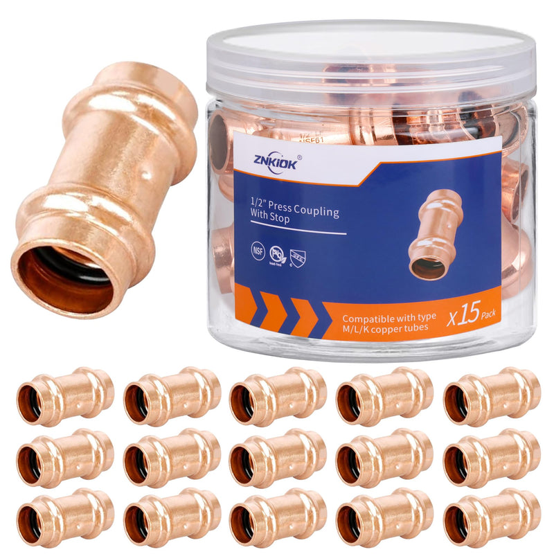 (Znkiok 15 Pack)1/2" Press Copper Fittings Zero Lead,1/2 Inch Press Coupling With Stop For Copper Tube Connection,UPC,NSF/ANSI61 Certified. 1/2"Press Coupling With Stop-15Pack