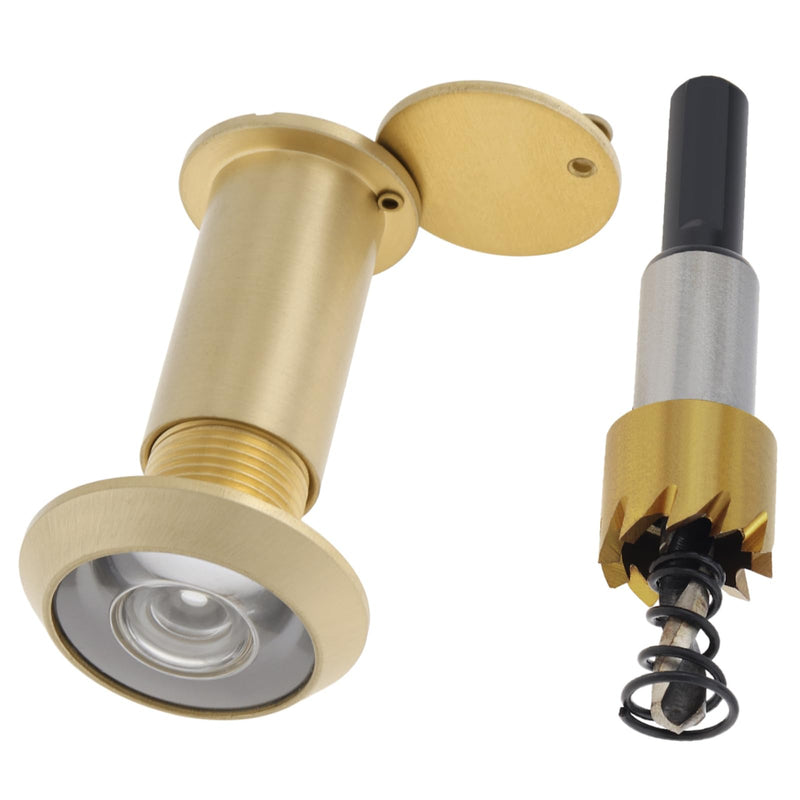 Door Viewer Peephole,200 Degree Solid Brass Peephole with 16 MM Titanium Plating Drill Bit for 1-3/8" to 2-1/6" Doors,5/8 Inch Pipe Diameter Door Eye Viewer with Privacy Cover (Satin Gold) Satin Gold