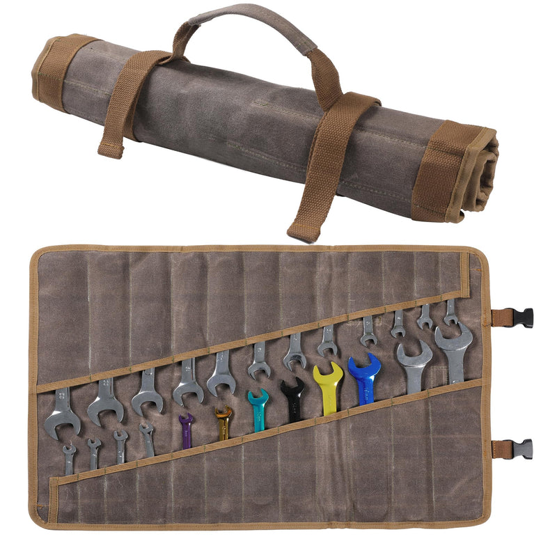 Heavy-Duty 16oz Waxed Canvas Wrench Roll Organizer 24-Pocket Tool Roll Bag with Buckle Closure | Large 21.5" x 16.5" Tool Pouch for Mechanics, Contractors & DIY (Grey) Grey