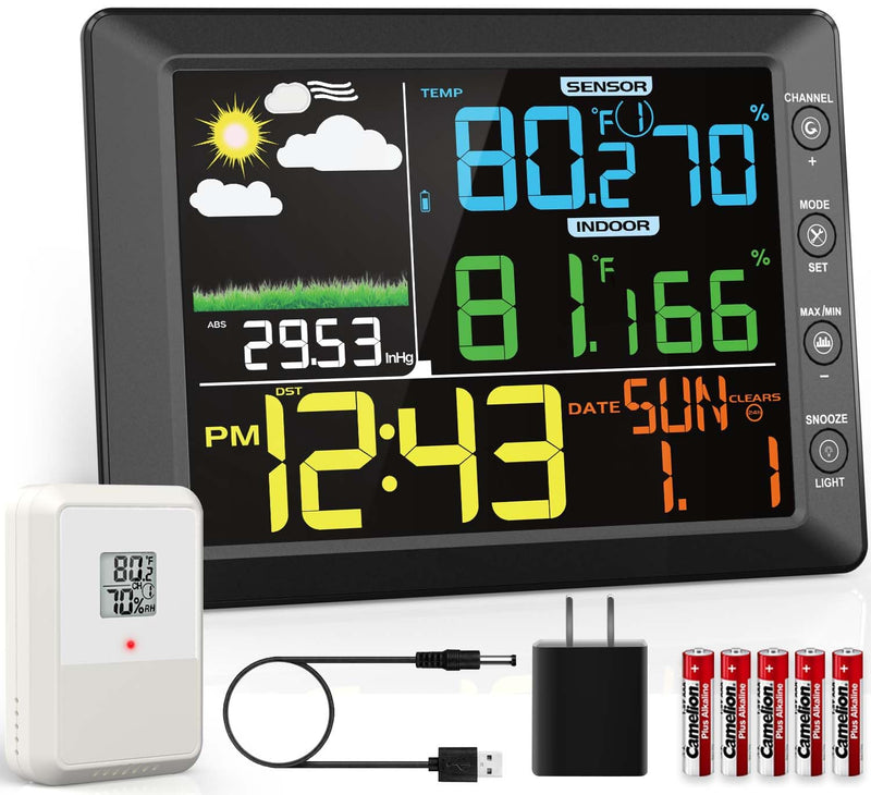 DOOMAY Weather Stations Wireless Indoor Outdoor Thermometer Monitor,Display Digital Hygrometer with Alarm,Barometric Pressure,Forecast Station with Calibration Temperature and Humidity Function