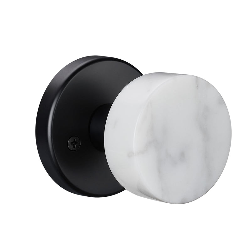 Modern White Marble Door Knob with Matte Black Rosette, Passage Interior Door Handle for Hallway and Closet, Non-Locking Design White-Black
