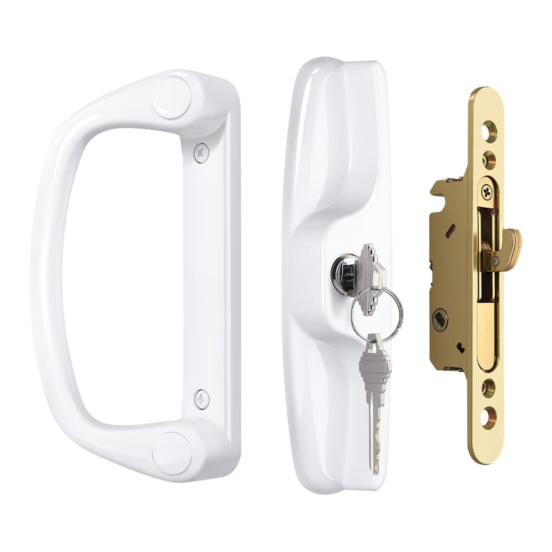 Knobonly Keyed Patio Sliding Door Handle Set, Replacement Slider Handle Set for Glass Door, Fit Standard 1’’ to 2’’ Thick Doors, 3-15/16’’ Hole Spacing, Reversible Design, with Mortise Lock White