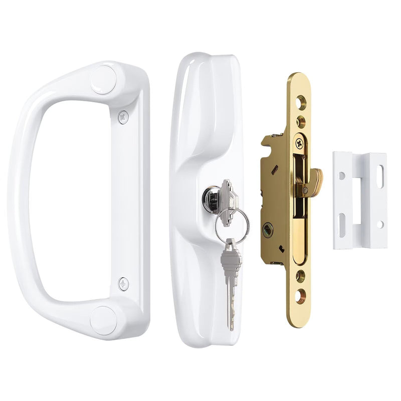 Knobonly Keyed Patio Sliding Door Handle Set, Replacement Slider Handle Set for Glass Door, Fit Standard 1’’ to 2’’ Thick Doors, 3-15/16’’ Hole Spacing, Reversible Design, with Mortise Lock and Keeper with Mortise Lock+Keeper White