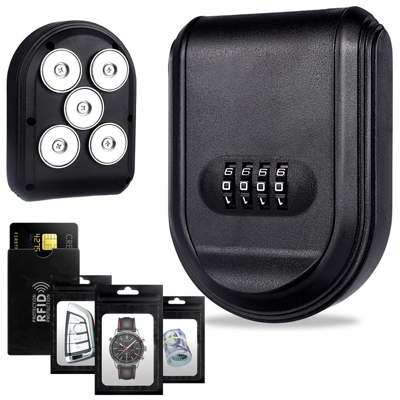 Magnetic Key Box for Under Car with 5 Strong Magnets, Hide a Key Outside with Resettable Combination Lock Box, Waterproof Magnetic Key Holder for Outdoor, Vehicle, Home, or Office Use (1, Black) 1
